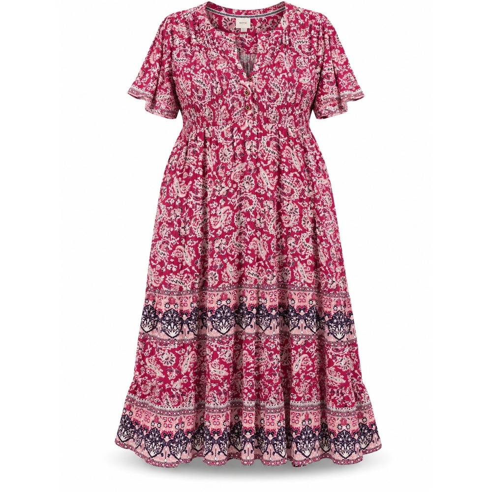 Knox Rose XXL Red Paisley Maxi Dress Short Sleeve Boho Tiered Rayon Floral